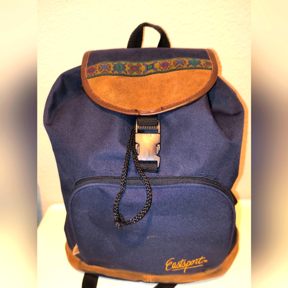 Vintage Eastsport Navy Blue Canvas & Suede Backpack – Excellent Condition